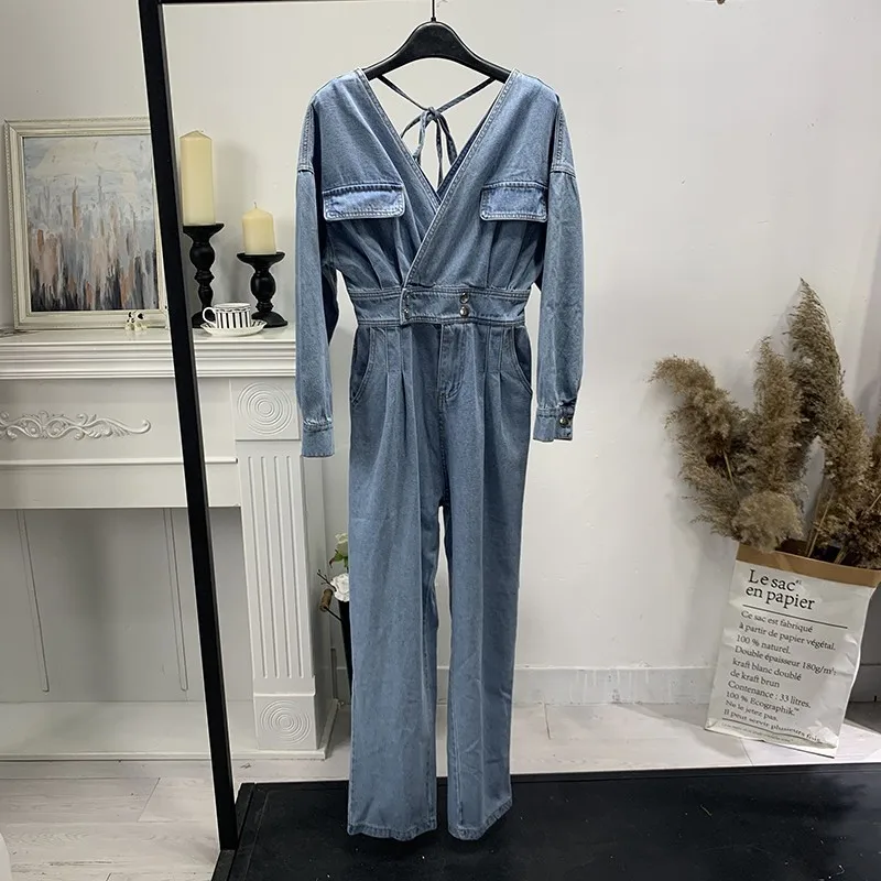 Elegant Fashion Qualities V-Neck Backless Lace Up Womens Denim Jumpsuits Half Sleeve Pocket Ankle Length Female Loose Overalls | Женская