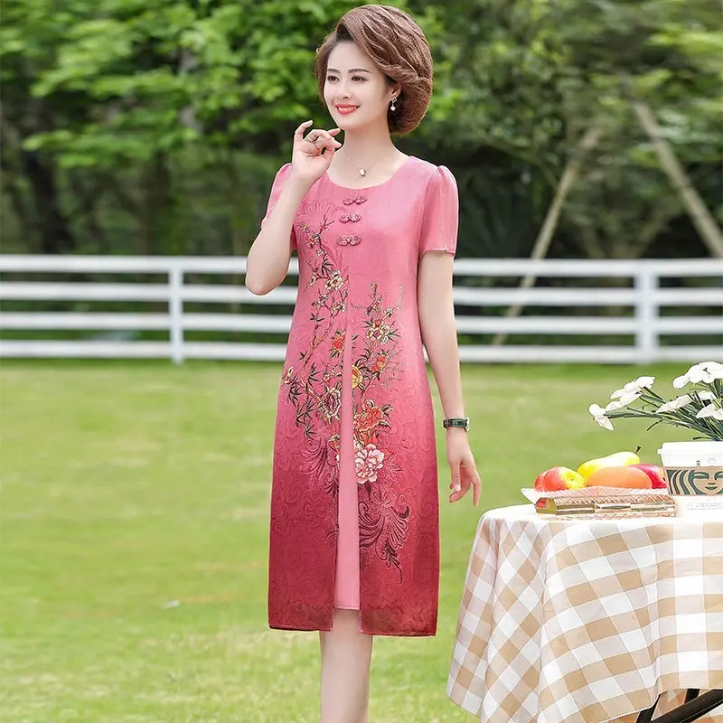 New Large Size Women's Summer Middle-aged Female Chiffon Dresses mother two-piece print...