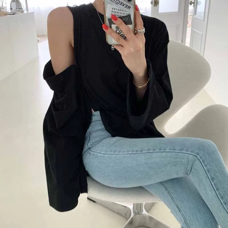 Осенняя пикантная женская футболка с открытыми плечами корейские футболки
