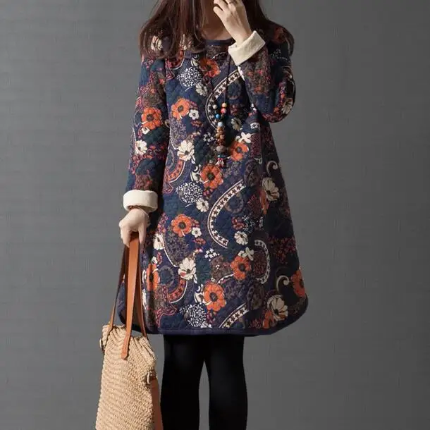 2020 хлопковое плотное осенне зимнее платье с принтом женское длинным рукавом