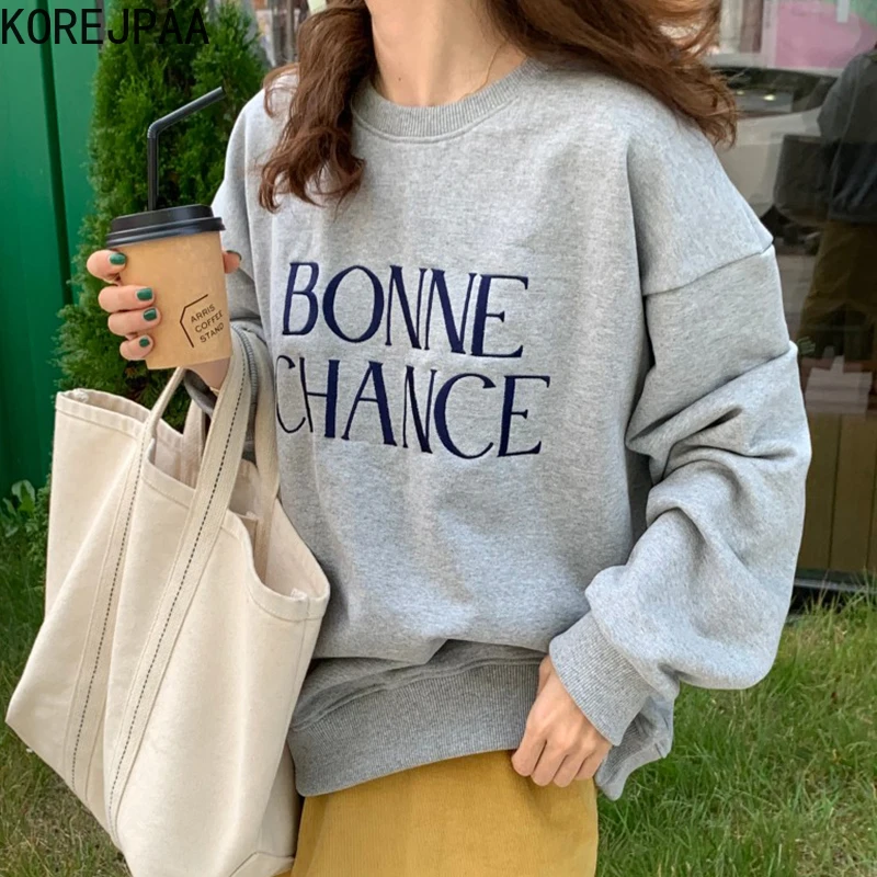 

Korejpaa Letter Embroidery Sweatshirt Women Casual Long Sleeve Plus Velvet Hoodie Ladies O-neck All Matching Pull Femme Outwear