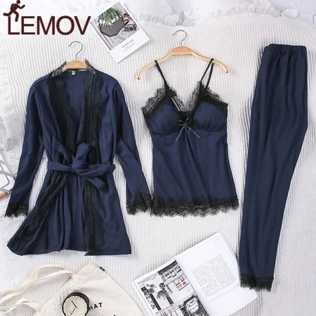 Лемова 3 шт. Пижама Женский с длинным рукавом пижама нарядное платье для Для