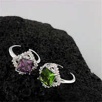 elegant 2 designs green purple color shiny square zirconia rhinestone charm rings for women silver colour metallic rings jewelry