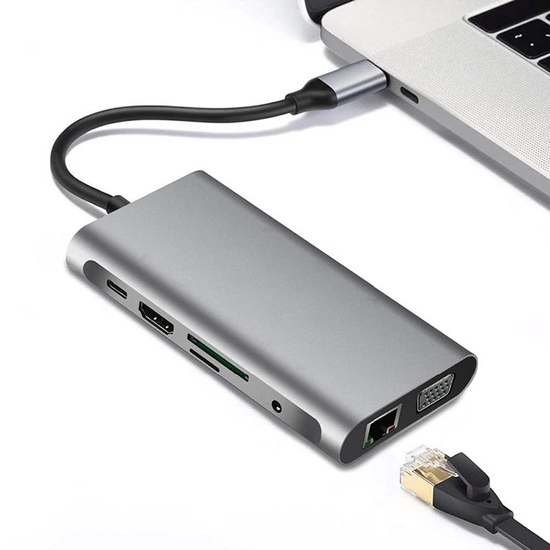 

10-in-1 USB C HUB Type-C to USB3.0x3+HDMI+TF+RJ45+PD+3.5mm+VGA Adapter Dock