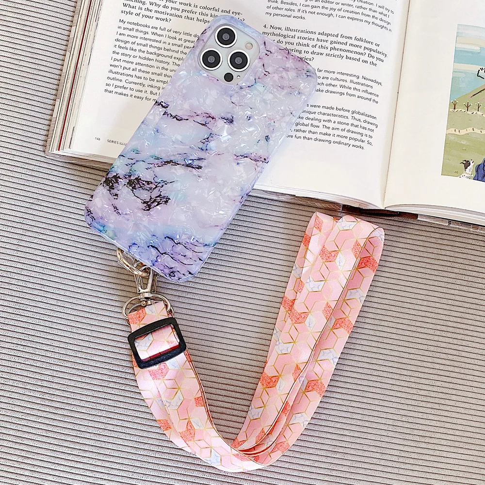 

Luxury Cute Lanyard Marble Silicone Phone Case For iPhone 13 12 11 Pro XS Max SE XR X 8 7 Plus Ultra-thin Necklace Rope Cover