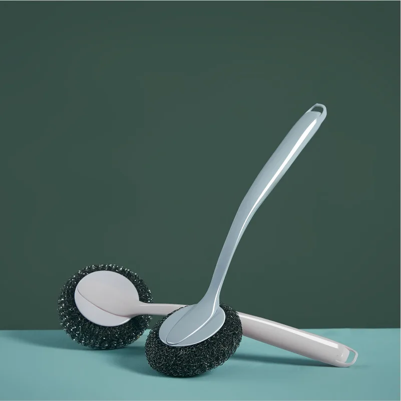 

Long handle brush stainless steel kitchen cleaning washing pot with handle brush pot artifact cleaning wire ball pot
