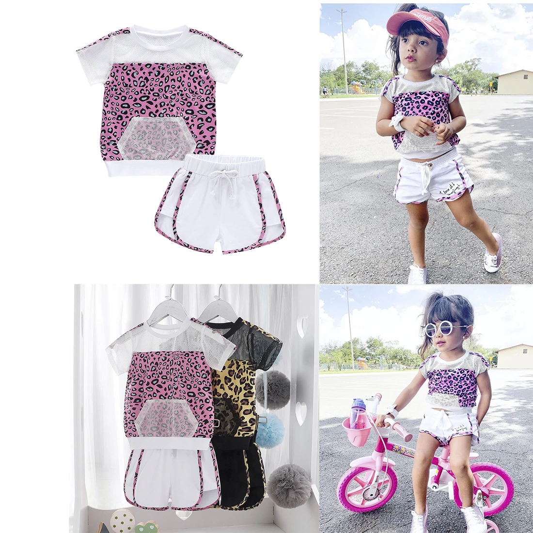 

Kids Girl Two-piece Sportswear Leopard Print Short Sleeve Shorts Mesh Elasticated Waist Drawstring Loose Summer Clothing Outfit