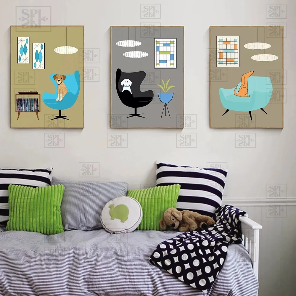 Retro Record Player Posters and Prints Mini Abstract Orange Dog Pictures Wall Art Canvas Painting for Living Room Home Decor