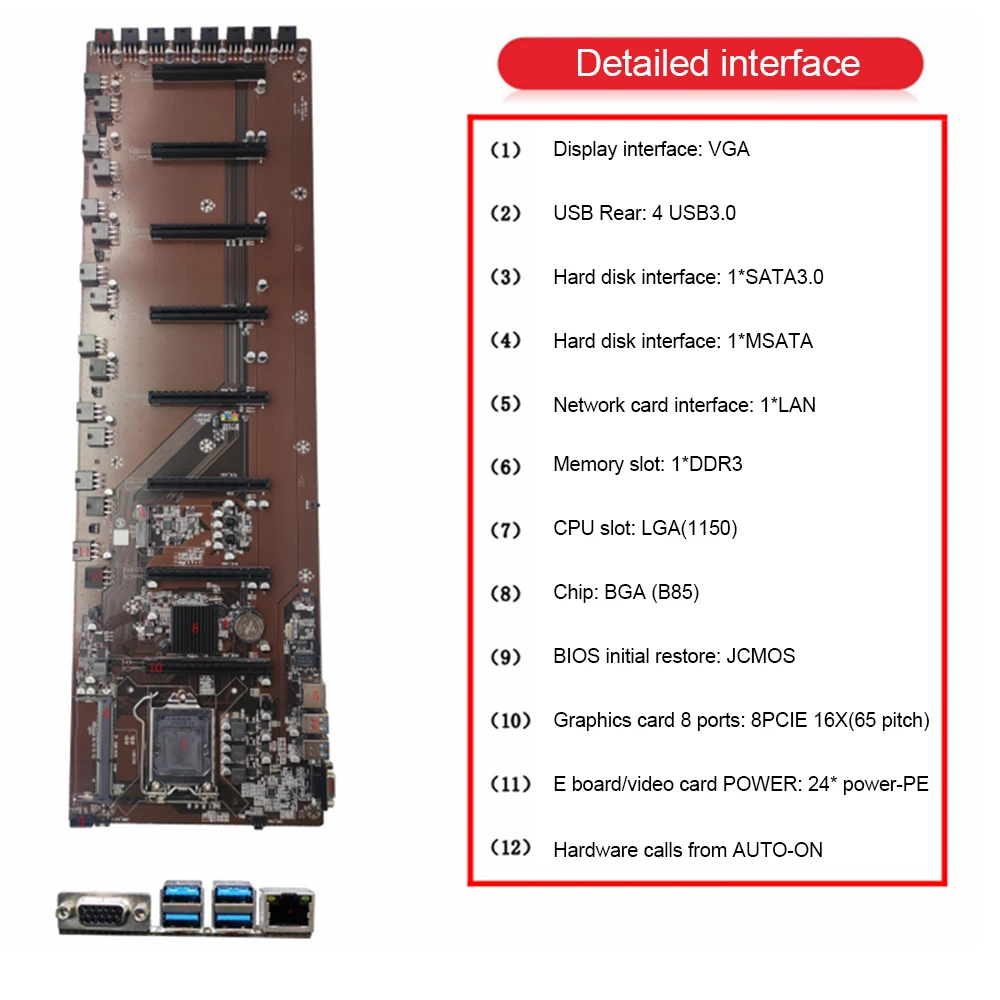 

B85 Motherboard 8 Card Slots 65mm Spacing 8GB BTC Mining Motherboard for 4 Generation LAG 1150 Pin CPU DDR3 Laptop RAM Bitcoin
