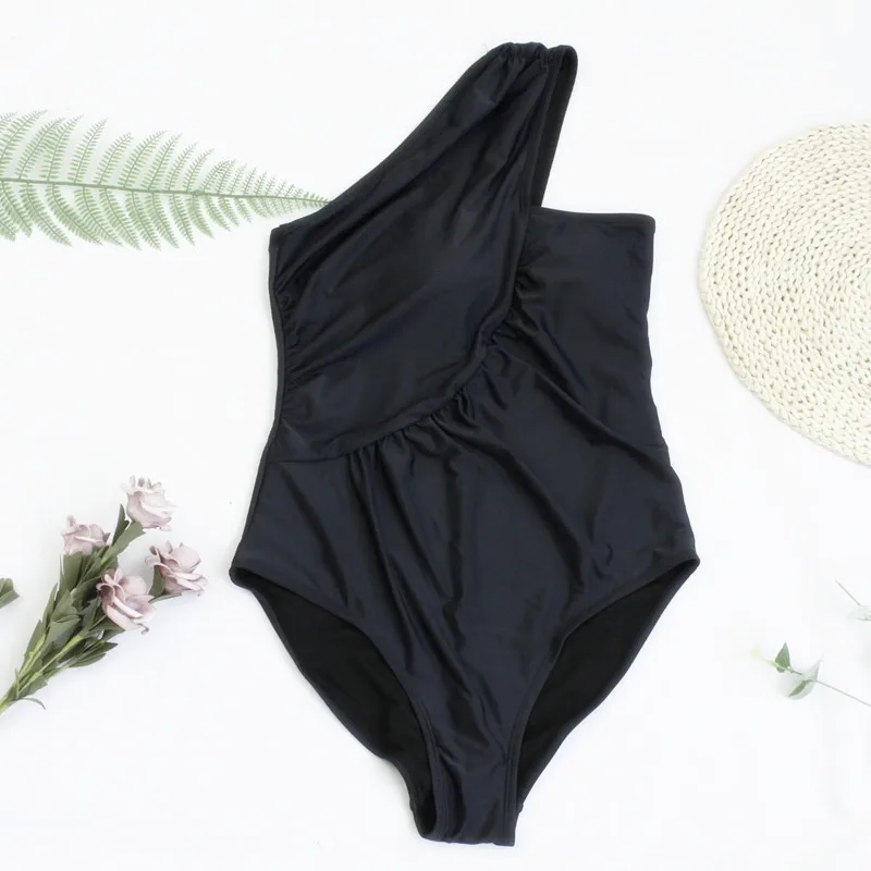 Женский сплошной купальник на одно плечо размера плюс черный костюм для плавания