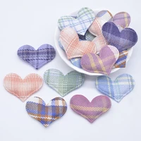 50pcs 3828mm padded reticulated plaid cloth heart applique for diy hat clothes leggings fabric sewing headwear decor patches