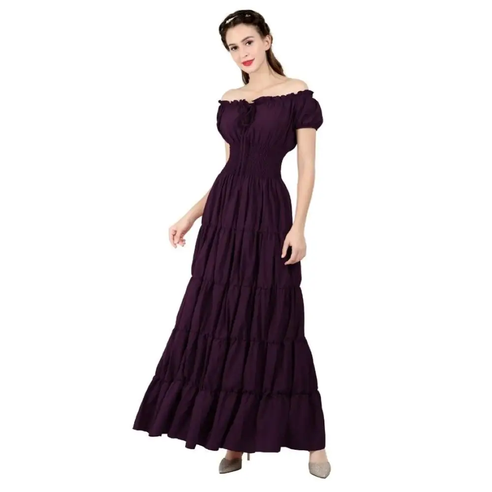 

Women Renaissance Medieval Costume Sexy Off-Shoulder Short Sleeves Smocked Waist Pleated Long Dress Boho Retro Dress Plus Size