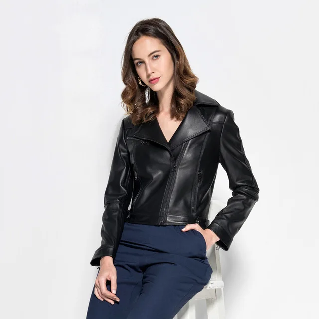 Женское байкерское пальто из 100% натуральной шкуры ягненка модная мягкая