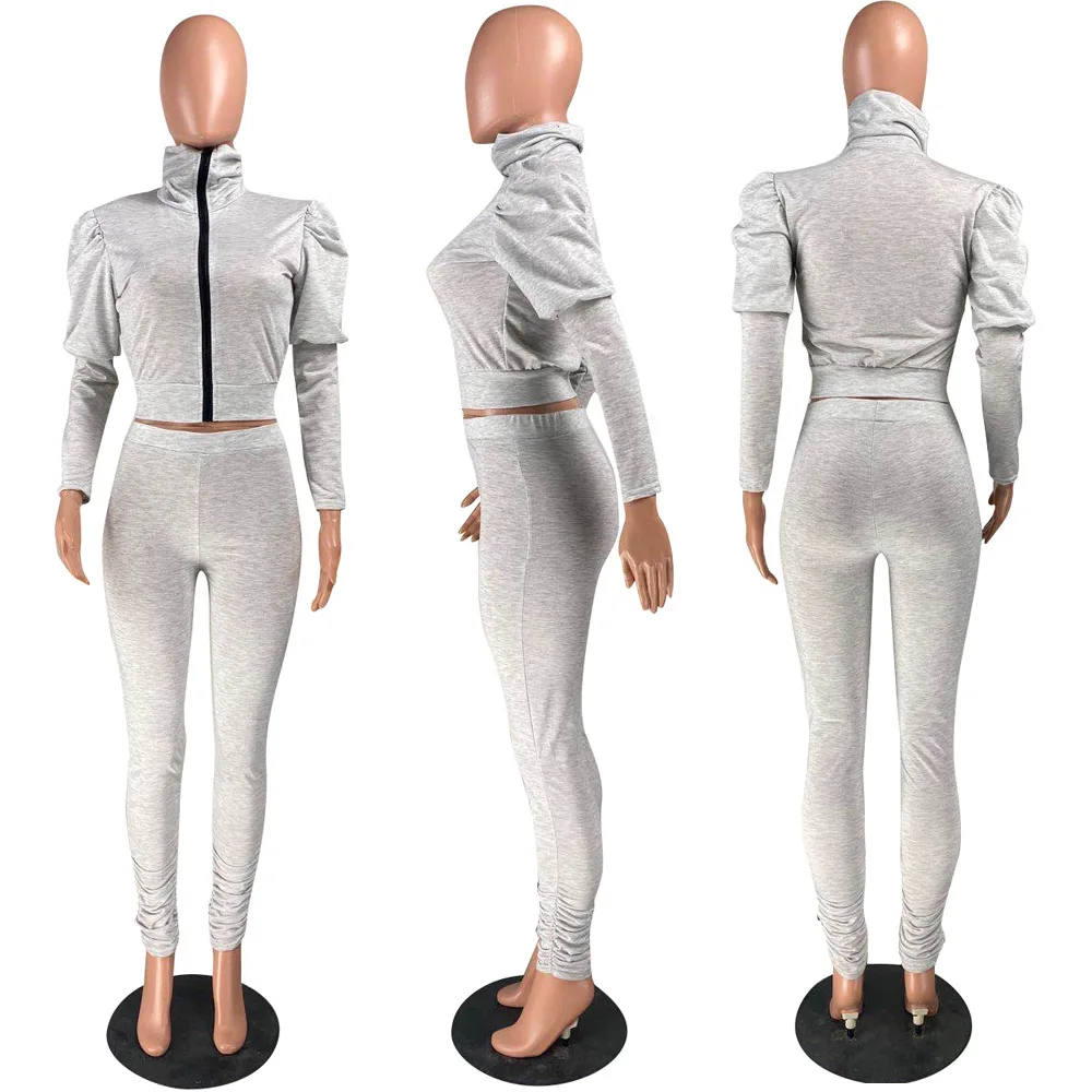 

Kalenmos Autumn Puff Sleeve Women's Set Solid Color Short Top Jogger Skinny Pants Suit Tracksuit Two Piece Set Fitness Outfit