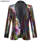 Мужской Блестящий Радужный яркий блейзер с блестками, пиджак на одной пуговице с отложным воротником, костюм для ночного клуба, вечерние блейзер в полоску для свадьбы, Hombre