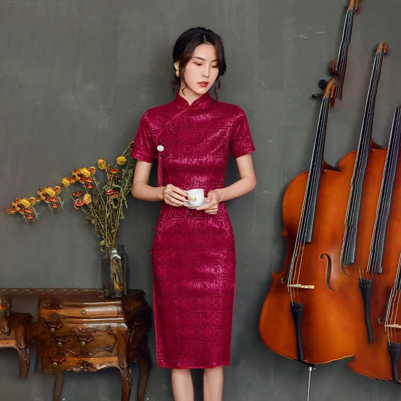 

Женское винтажное вечернее платье-Ципао средней длины, с воротником-стойкой