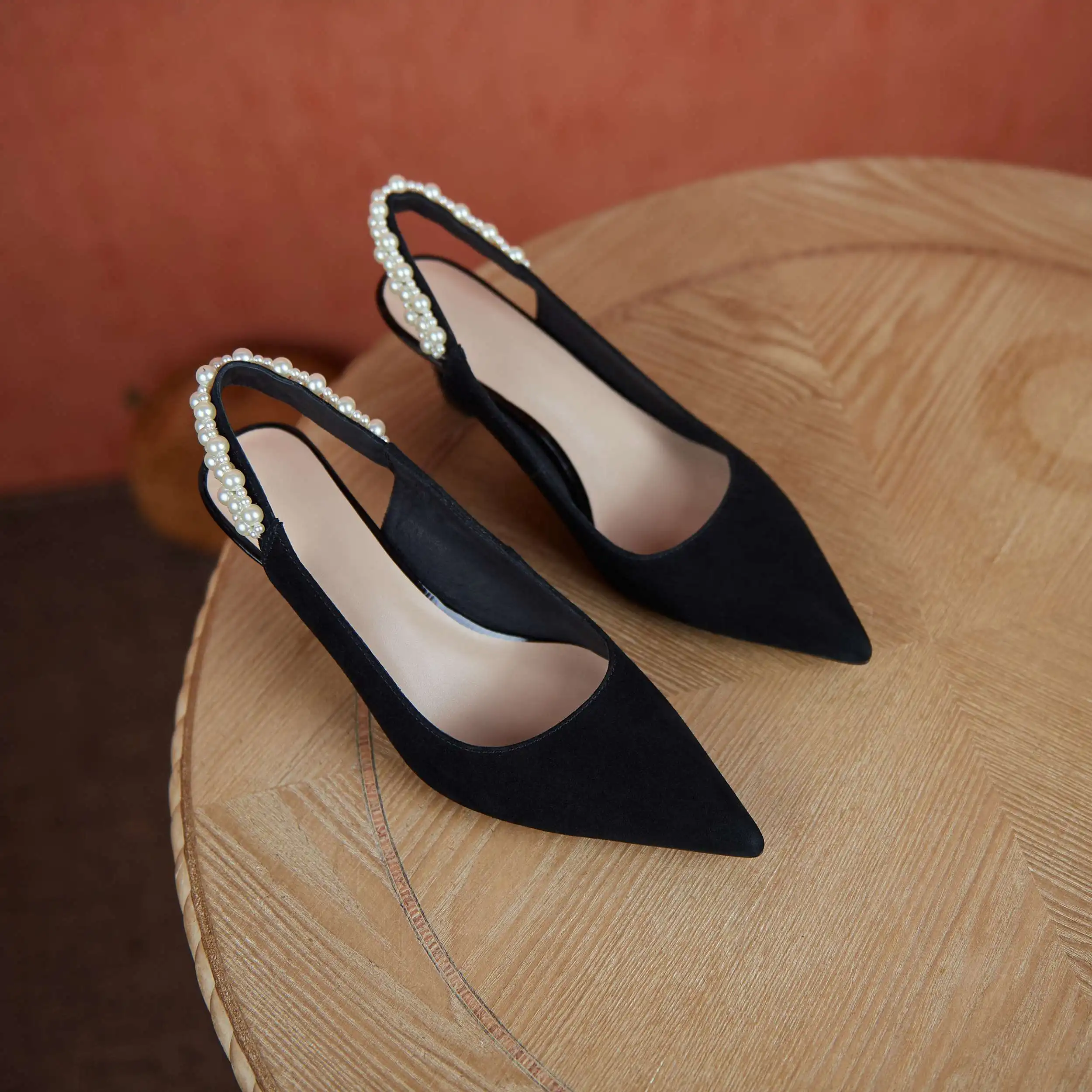 

Krazing Pot sheep suede pointed toe high heels pearl decoration slingback shoes French romantic beauty ladies women pumps L99