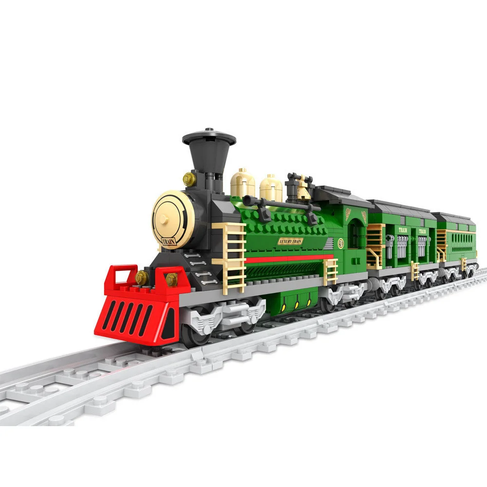

AUSINI 25904 666pcs Creator Luxury Winter Holiday Trains Red Locomotive Model Building Blocks Bricks Railway Toys For Children