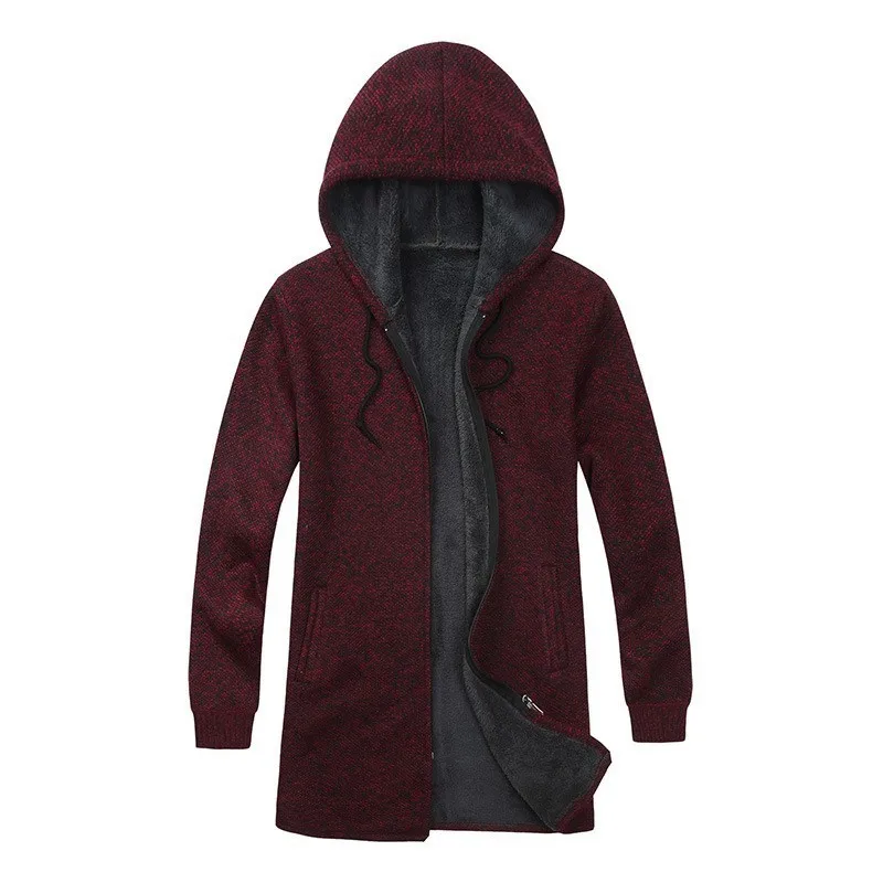 Winter Casual Thick Fleece Lining Mens Medium Length Trench Coats Long Sleeve Knitting Male Hooded Streetwear Plus Size | Мужская одежда