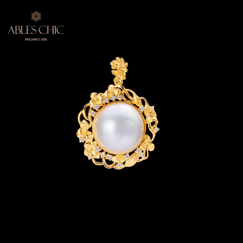 

18K Gold Tone Mabe Pearl Garland Halo Pendant Solid 925 Silver Elegant Filigree Floral CZ Paved Big Charm Necklace C11N3S25819