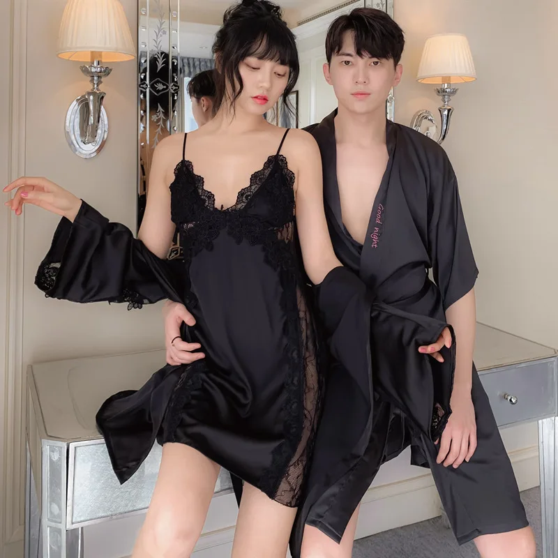 

Summer Couple Rayon Robe Sets Sexy Hollow Out Lace Floral Nightgown Kimono Bridegroom 2PCS Pajamas Suit M-XXL Casual Home Wear
