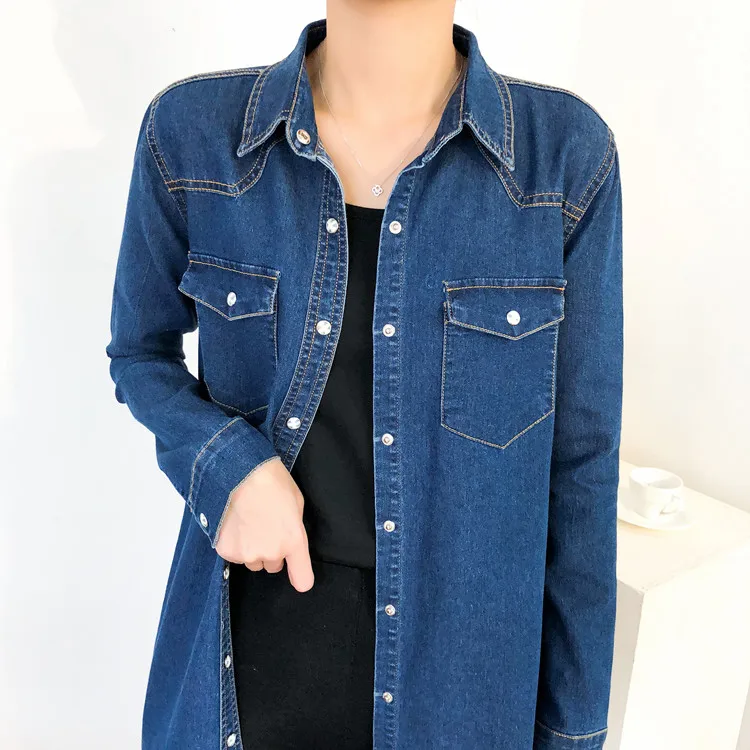 

Women's Top Spring 2020 Denim Shirt New Midi Cotton Long-Sleeved Blouses Shirts Coat Blusas Femininas Elegante Women Blouse 510J