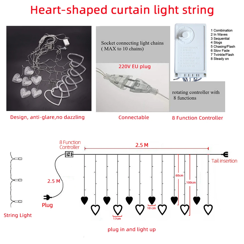 

2.5M Christmas Garlands Curtain Heart-shaped LED String Light 220V EU plug Wedding Party holiday lighting Garlands Decoration