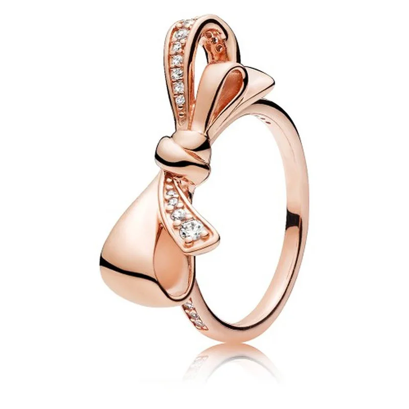 

Authentic 925 Sterling Silver Pan Ring Rose Gold Brilliant Bow With Crystal Rings For Women Wedding Party Gift Fine Jewelry