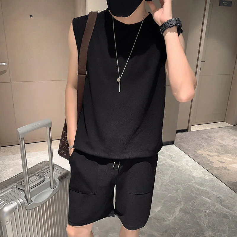 

Ice silk suit men's leisure summer solid color fashion thin sports T-shirt vest ruffian handsome men's suit