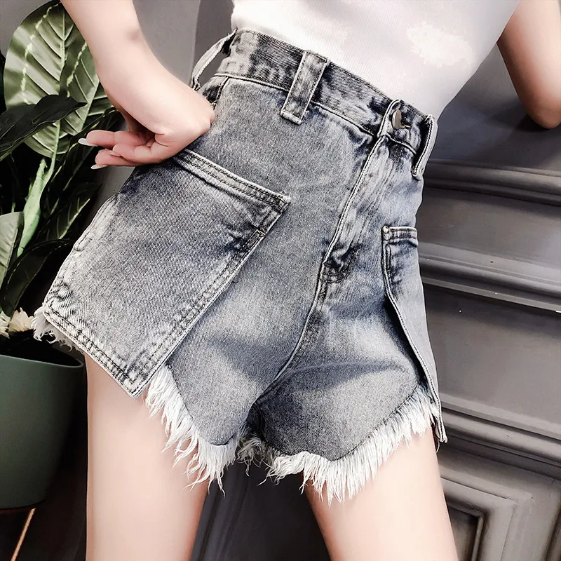

Summer Denim Shorts Women Plus Size Irregularity Big Pocket Shorts Jeans Casual Harajuku Streetwear Sexy High Waist Bottoms
