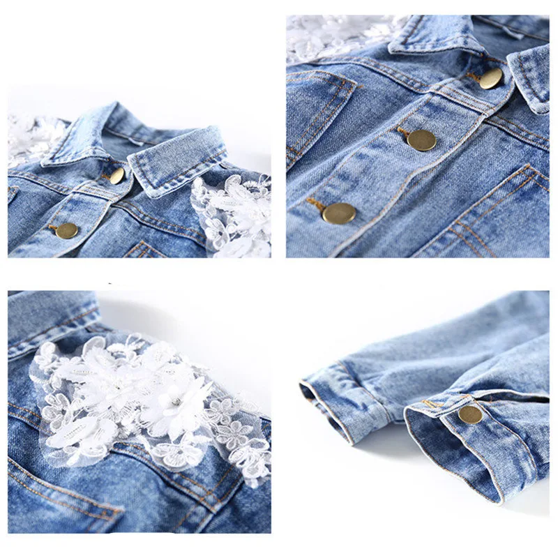 

2020 Autumn Slim Girls Back Lace Denim Jacket Coat Kids Vintage Long Sleeve Flower Lace Denim Top Floral Jacket Girls Outerwear
