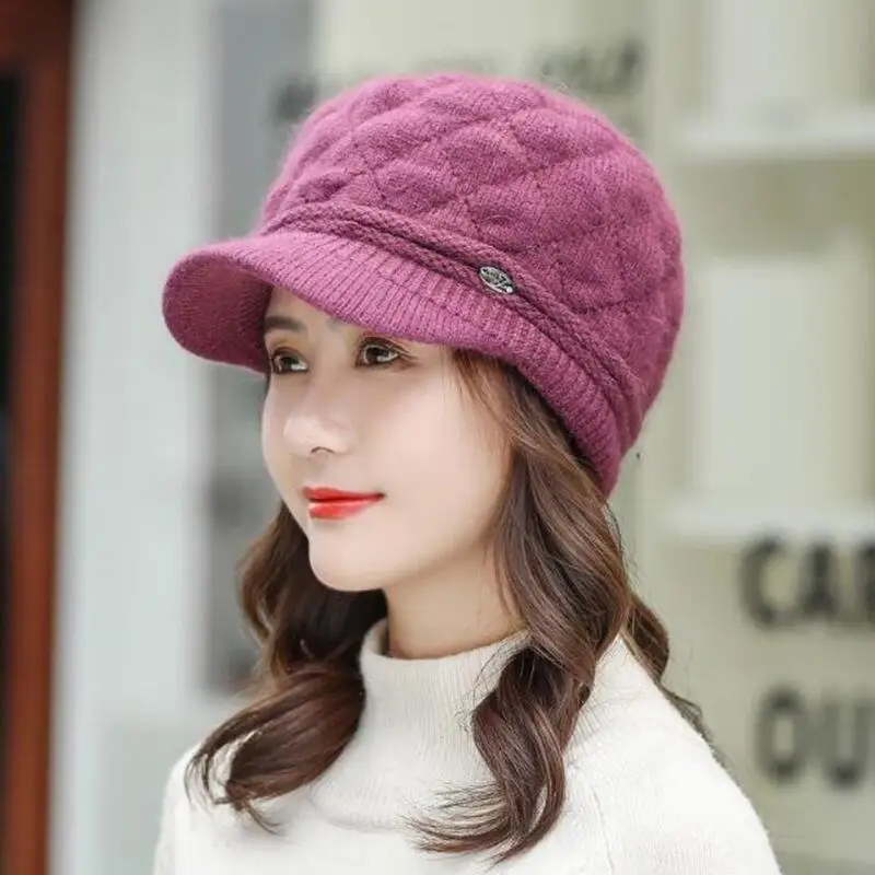 Autumn Winter Hats for Women Warm Thick Rabbit Fur Hats Women Newsboy Berets Ladies With Woolen Knitted Hat Female Caps