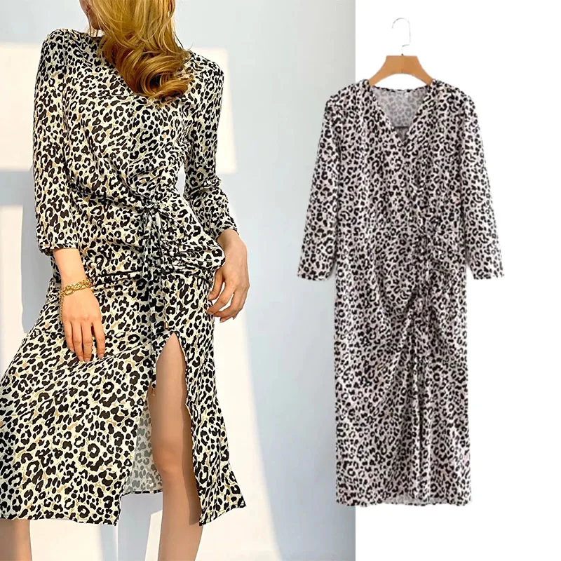 

Xypskh Za Women New Fashion Leopard Drawstring Side Split fork Midi Dress Vintage V-neck Long sleeve Female Dresses Vestidos