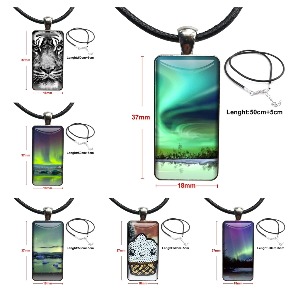Green Iceland Northern Lights Landscape Steel Color Glass Cabochon With Rectangle Shaped Pendant Choker Necklace Stunning For