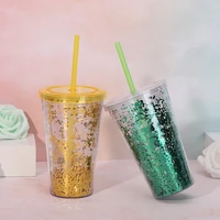 16oz flat lid straw cup double layer plastic straw with sequined milk tea cup plastic cup large capacity coffee cup