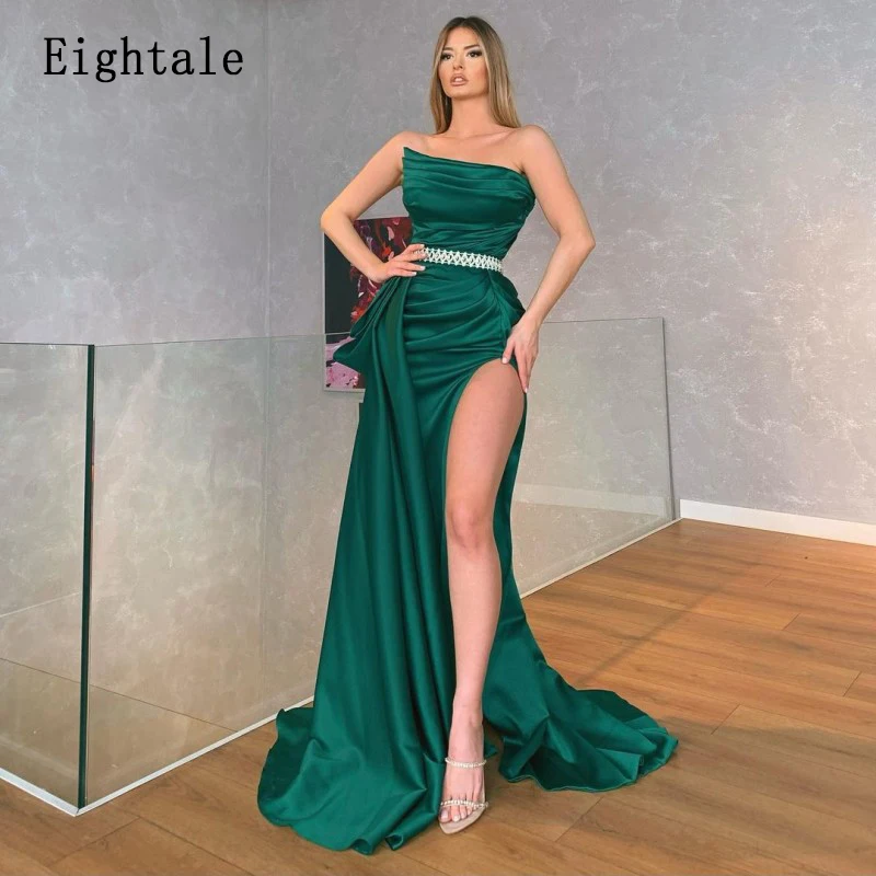 Eightale Emerald Green Evening Dress Satin High Side Split Custom Made Arabic Prom Pleats Strapless Wedding Party Gown 2021