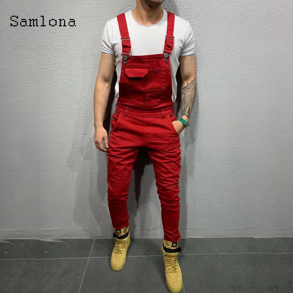 Solid Color Men's Sexy Jeans Casual Denim Overalls Strappy Pantalon Red Black Pocket Jeans Pencil Trouser Mens Clothing 2022