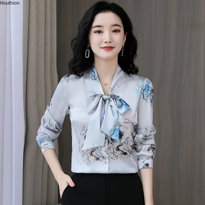 

Women's Blouse Flower Bow Spring autumn Buttons Shirt Fashion Long Sleeve New Top Commuter Houthion
