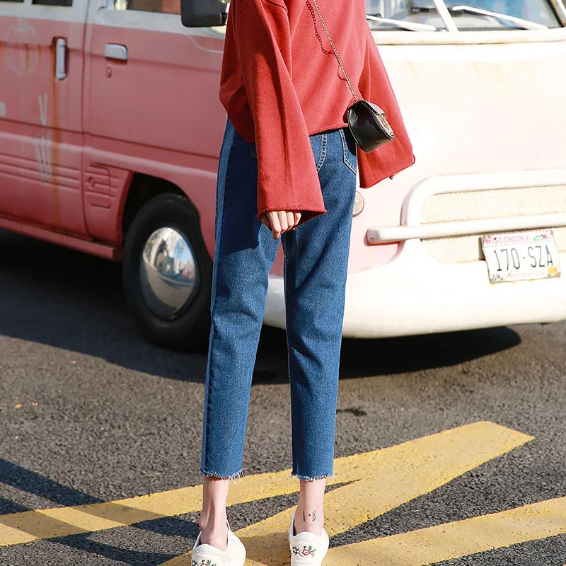 

Autumn Women High Waist Loose Straight Dad Jeans Female Denim Streetwear Cropped Trousers Lady Students Slim Harem Length Pants