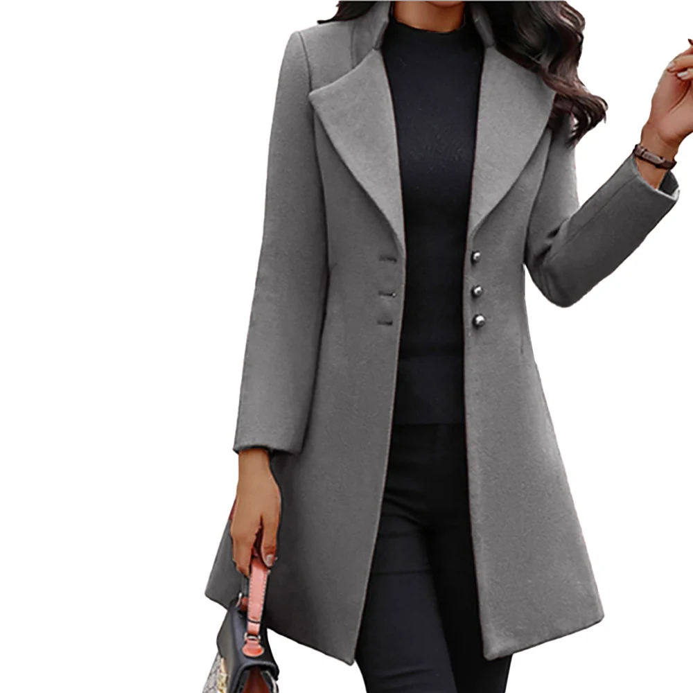 

Solid Color Women Overcoats Fashion Pocket Vintage Jackets Slim Fit Button Casual Outwear Long Sleeve Turn-Down Collar Coats