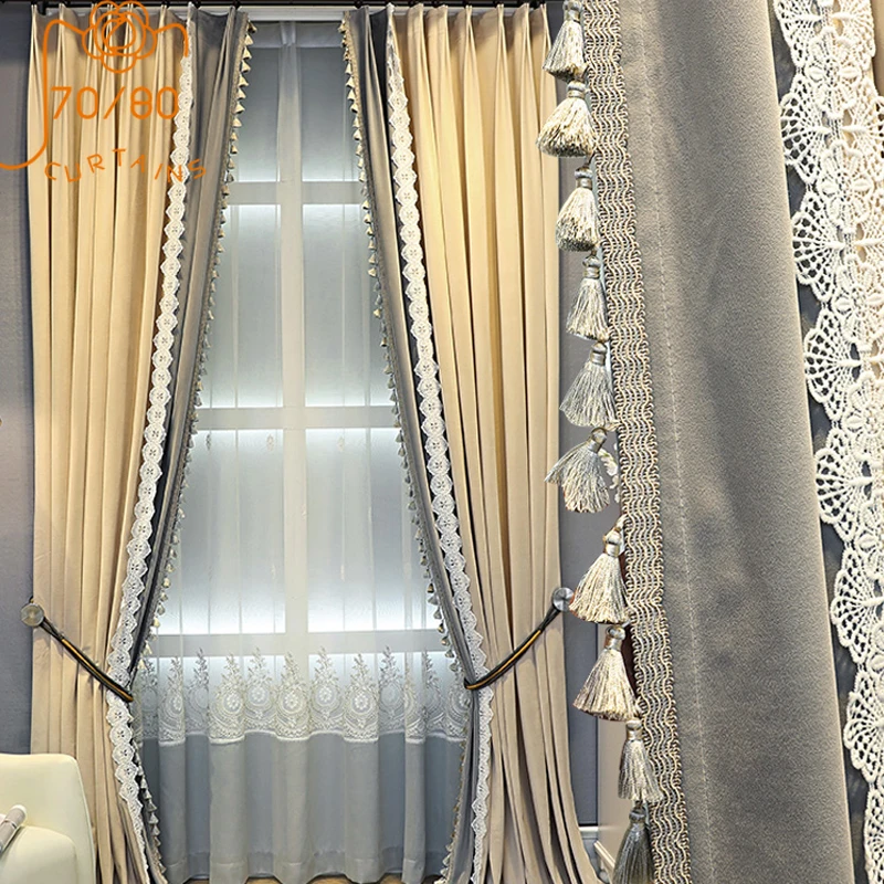 

New Light Luxury French Lace Velvet Stitching and Blackout Curtains for Bedroom and Living Room Custom Products