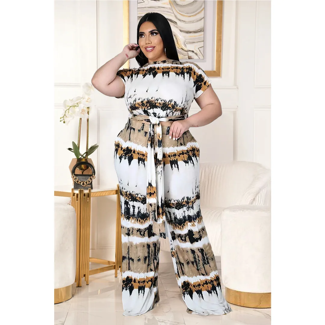 

Plus Size Women's Printed Strap Double Pocket Comfortable Wide-leg Elastic Waist Pants Two-piece Set Streetwear Women Cloth