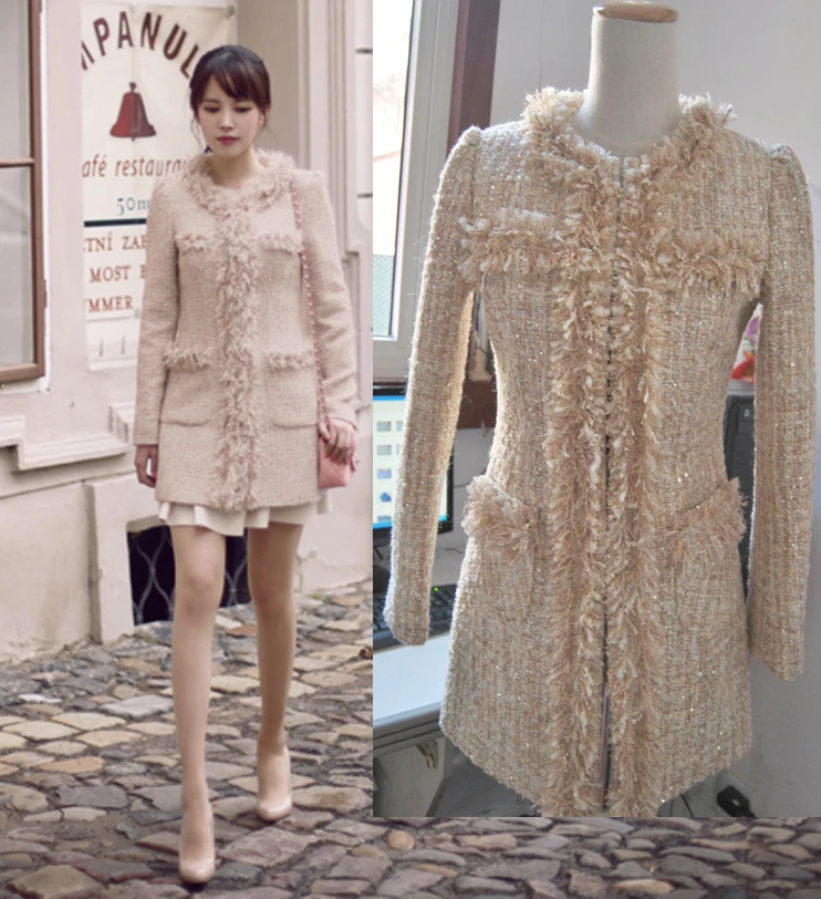 

New Tweed Wool Powder GOLD SEQUIN chain brushed long wool coat can customized big size