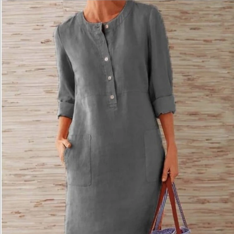 

2021 Fashion Women's Dress Women's Solid Color Loose Cotton Hemp New O-neck Long Sleeve Casual Dress Ropa Mujer Talla Grande