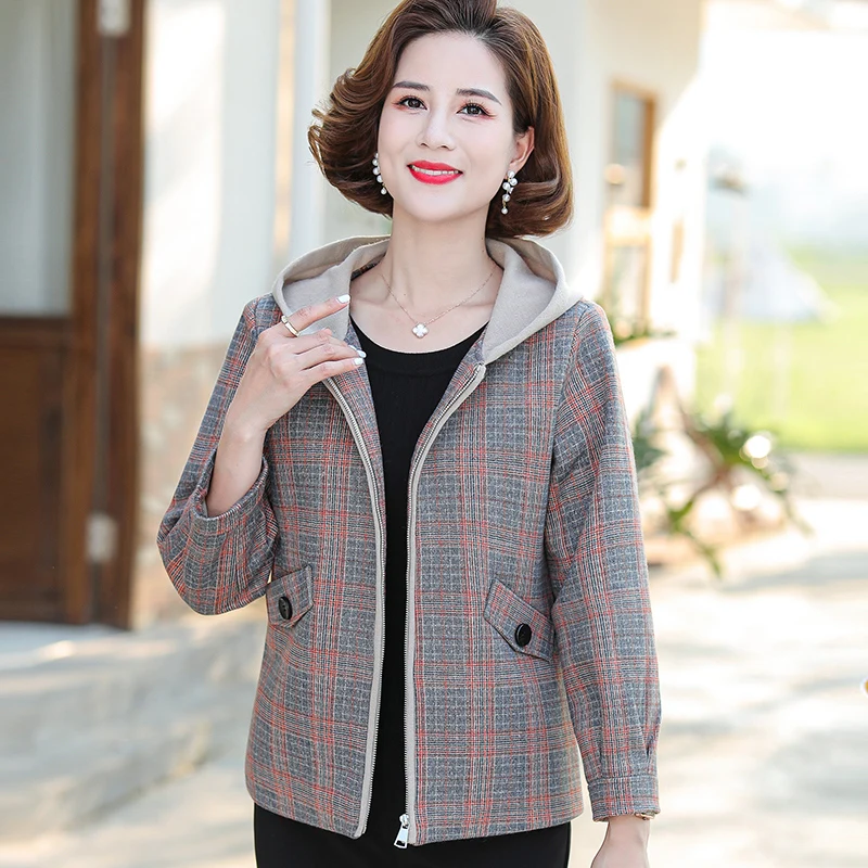 2021 New Spring Autumn Plaid Women's Jacket Middle-Aged Elderly Mothers Woolen Coat Elegant Casual Short Windbreaker Outerwear | Женская