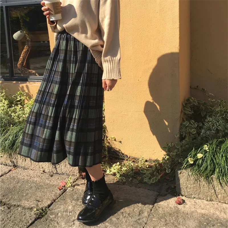 

Vintage Yellow Green Plaid Pleated Skirts Drawstring Elastic Waist 2022 Winter Women England Style Woolen Streetwear Midi Skirt