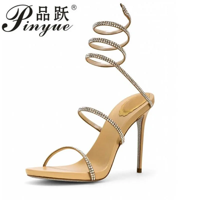 

Rhinestones Woman Sandals serpentine leggings Women party Shoes Roman High heels Sandals sexy Crystal feminino shoes