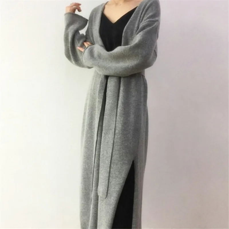 gray Autumn Winter Women's Cardigan Simple Belt Female New Fashion Long Coat Loose Type Wool Knitted Cardigan Female Outwear - Цвет: gray