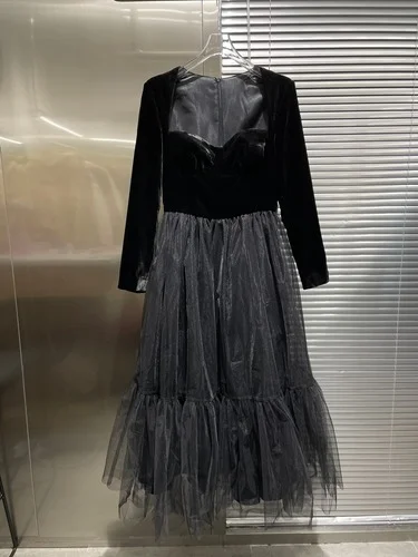 

2021 Fashion Classic Trendy Brand luxury design Patchwork Mesh Velvet Long Sleeve Midi Dress Women