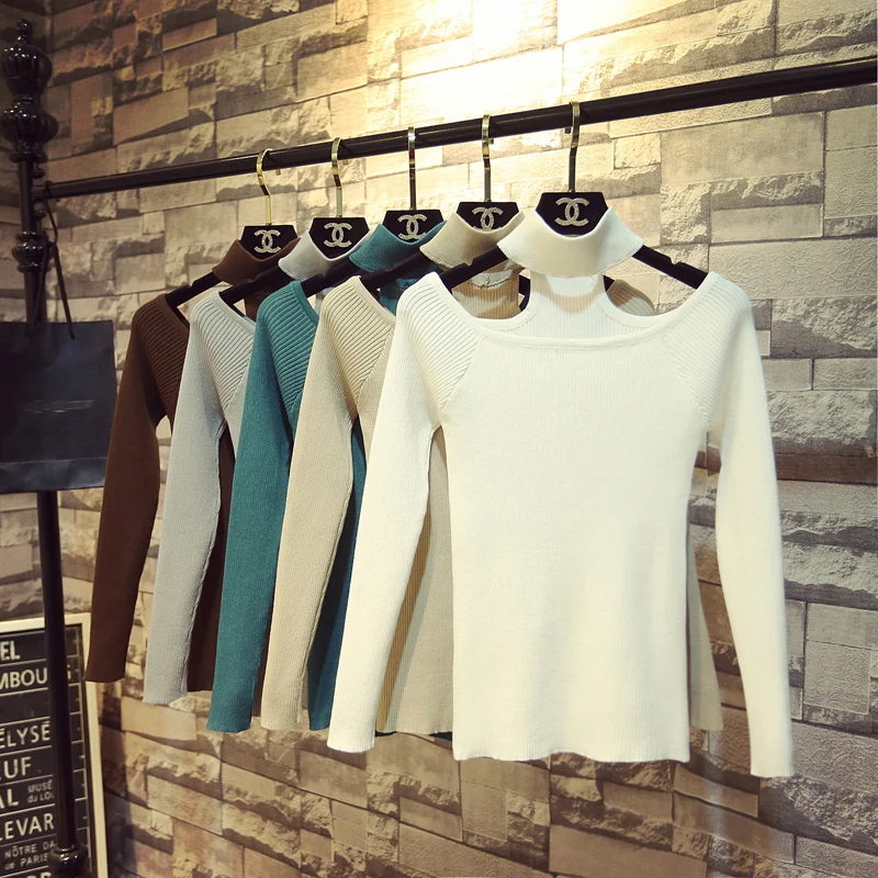 

HWLZLTZHT 2021 Spring Women Solid Sweater Long Sleeve Elegant Office Lady Knitted Jumper Sexy Off Sleeve Tops